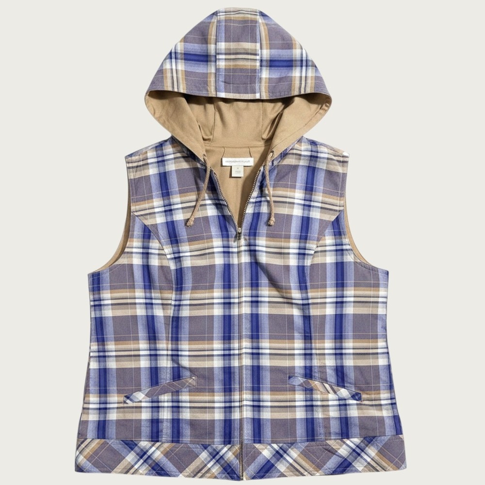 Christopher‎ & Banks Reversible Vest Womens M Plaid Tan Hooded Utility